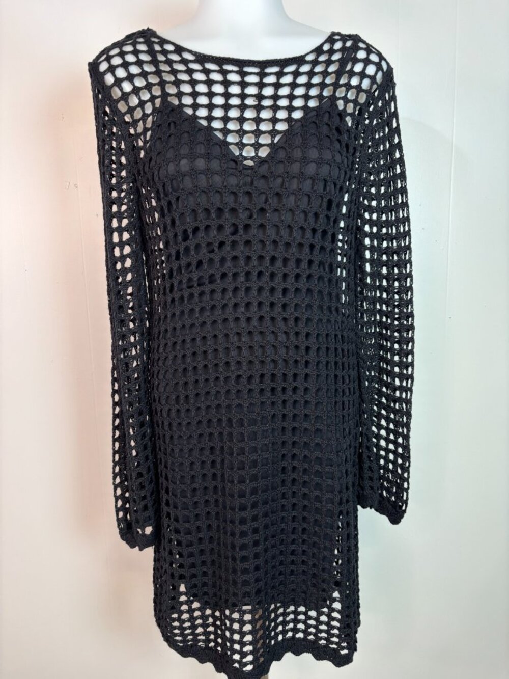 H&M Crochet Cover Up Dress Small Black Open Knit Long Sleeve Sheer Beach Women's
